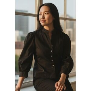 AllSaints Maud Lace-Up Black Puff-Sleeve Button-Up Blouse. Size 0, Retails $219